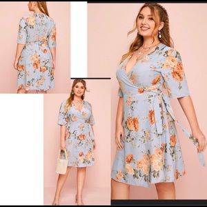 Shein 3XL blue floral wrap dress short sleeve